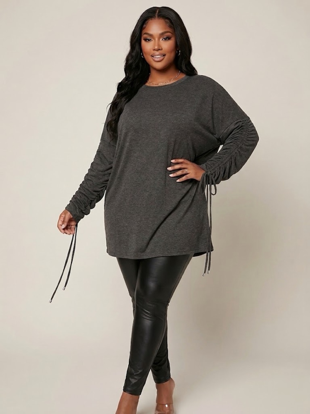 Fashion Nova Dark Grey Ruched Tunic Long Sweatshirt Top size 3X Athleisure Cute